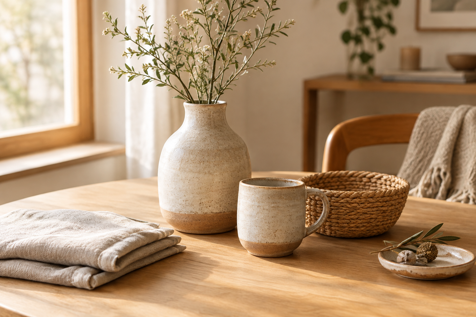 Close home styling scene with handmade decor, featuring ceramic vessels, folded linen, wood accents, and woven textures in warm natural window light