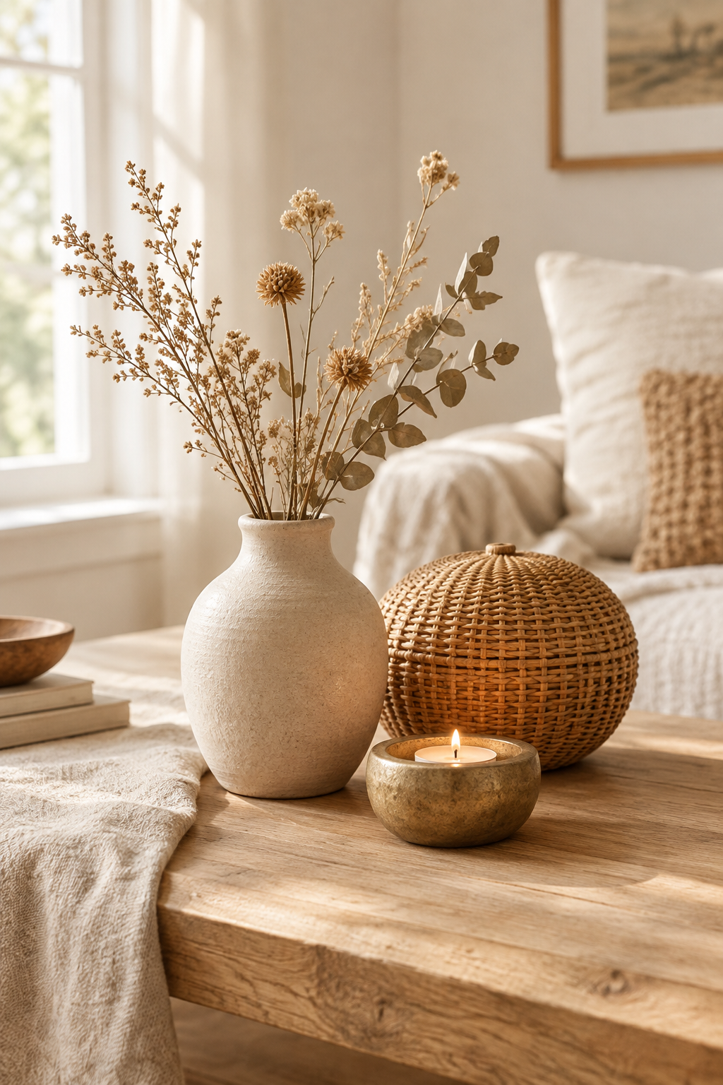 Styled arrangement of handmade ceramic, woven, and candle decor on warm natural surfaces