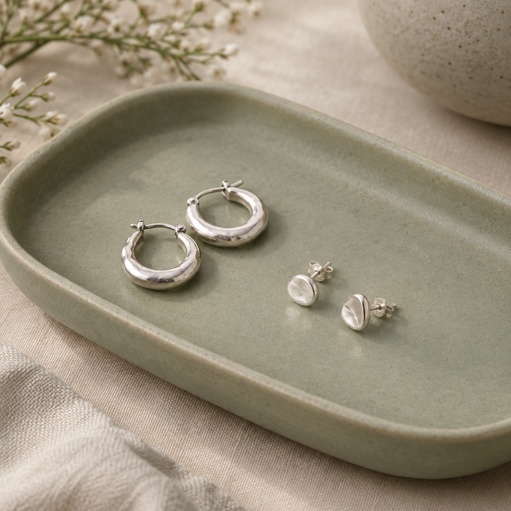 Small silver earrings displayed on a sage-toned tray