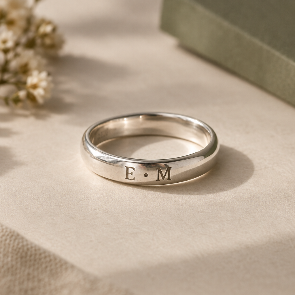 Macro detail of lettering engraved into a silver ring