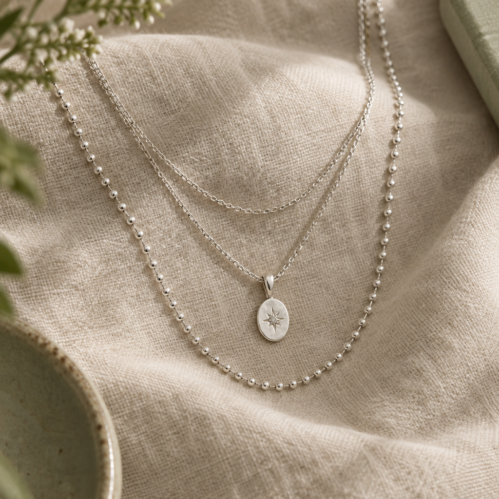Layered silver necklaces arranged on soft linen