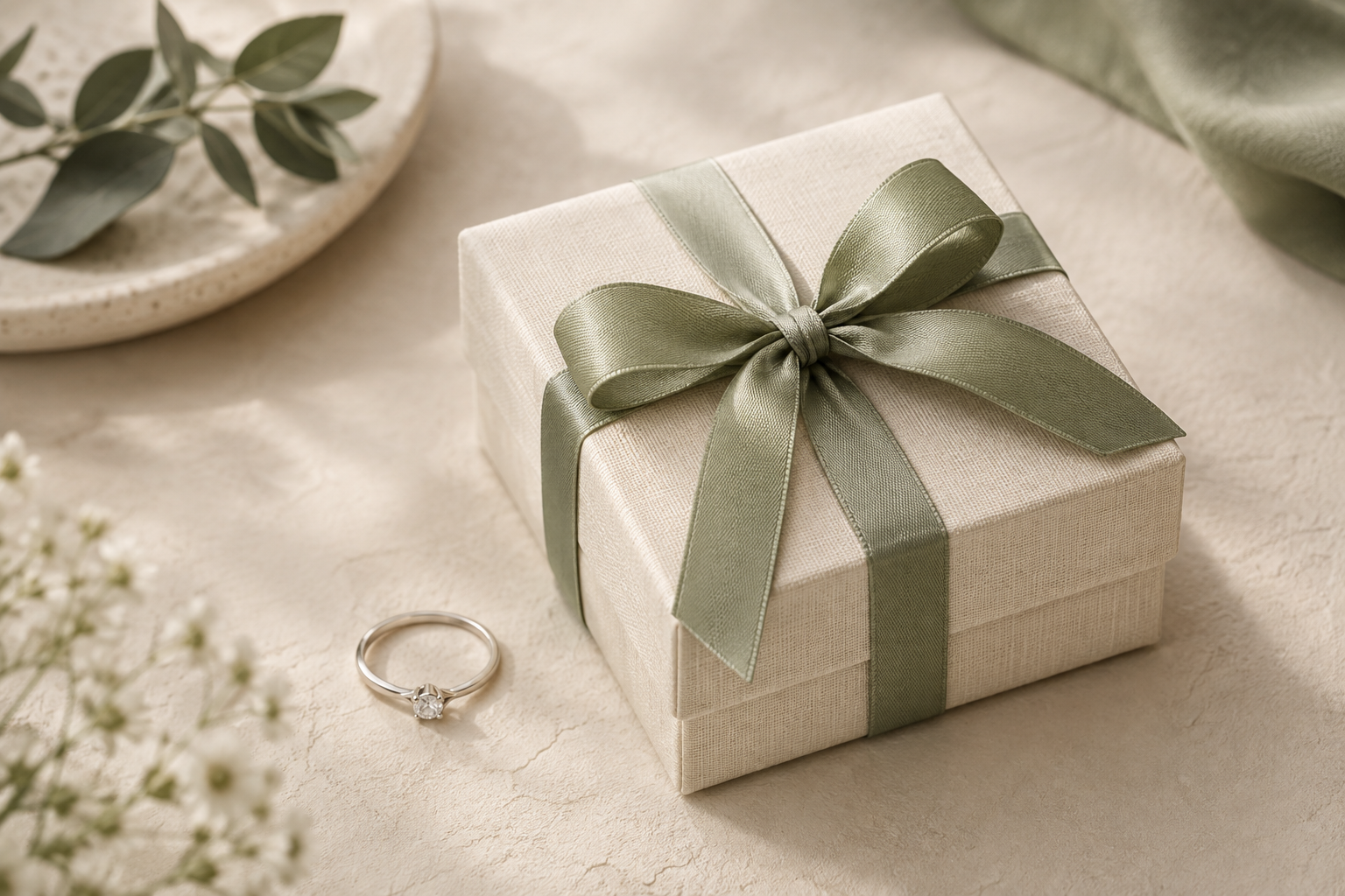 Jewelry gift box with a satin ribbon on a soft neutral surface