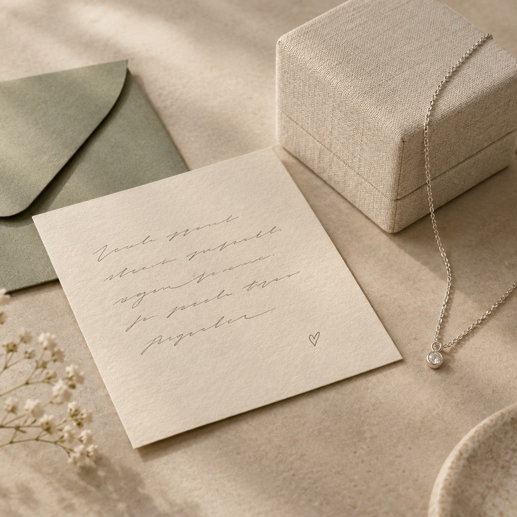 Styled handwritten gift note beside elegant jewelry packaging