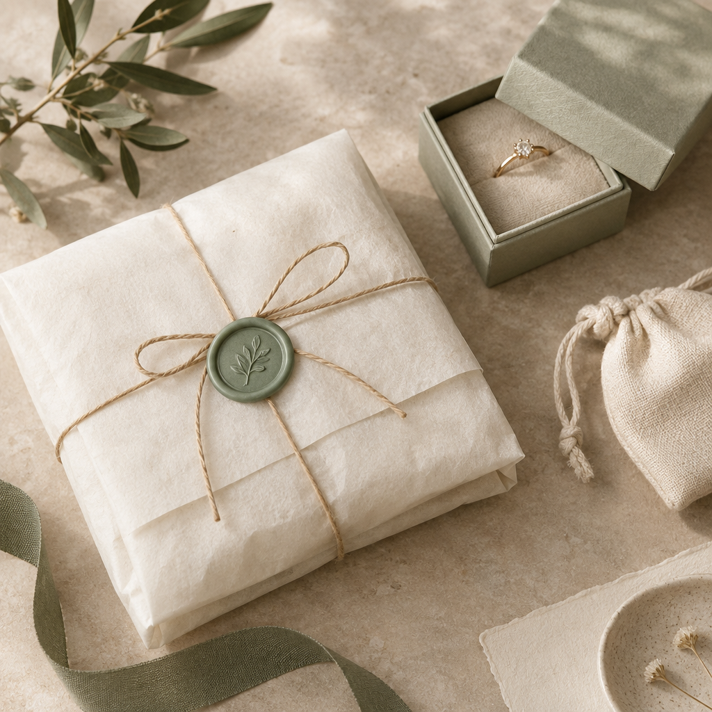 Folded tissue and handmade packaging detail with a sage-toned accent