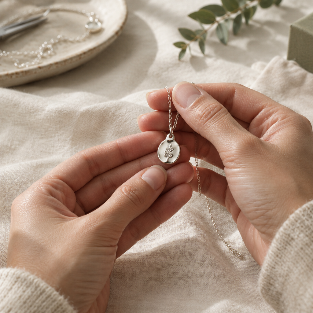 Artisan hands holding polished silver jewelry