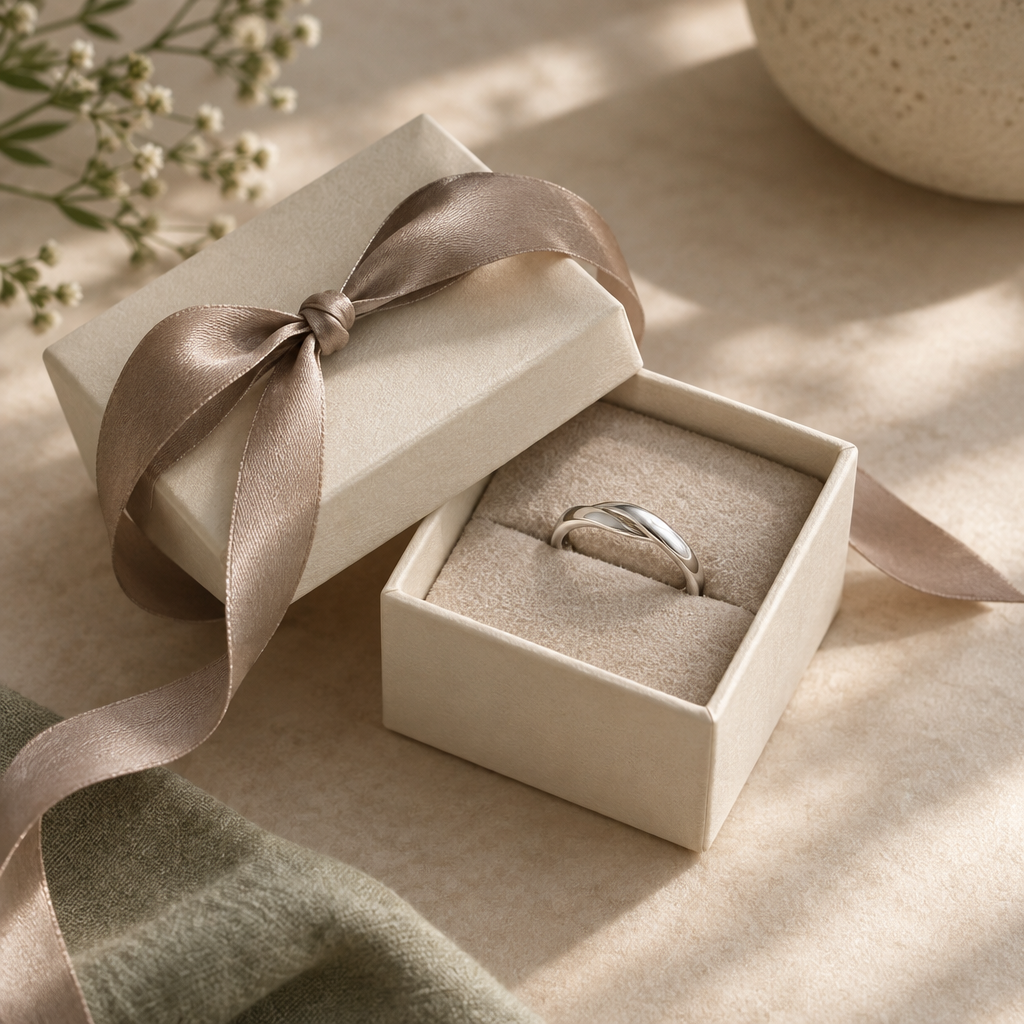 Jewelry gift box and ribbon detail in muted neutral tones
