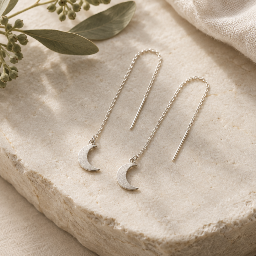 Fine silver threader earrings with brushed crescent charms