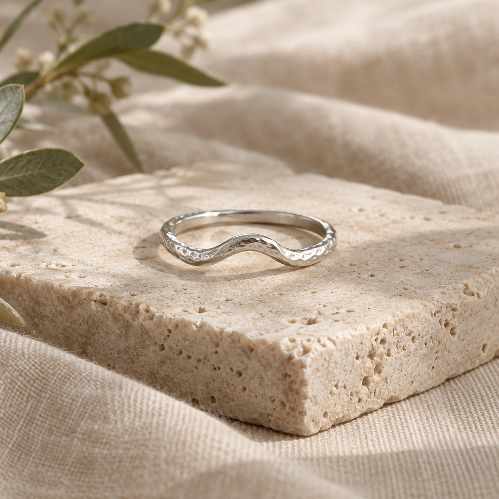 Textured sterling silver wave band ring