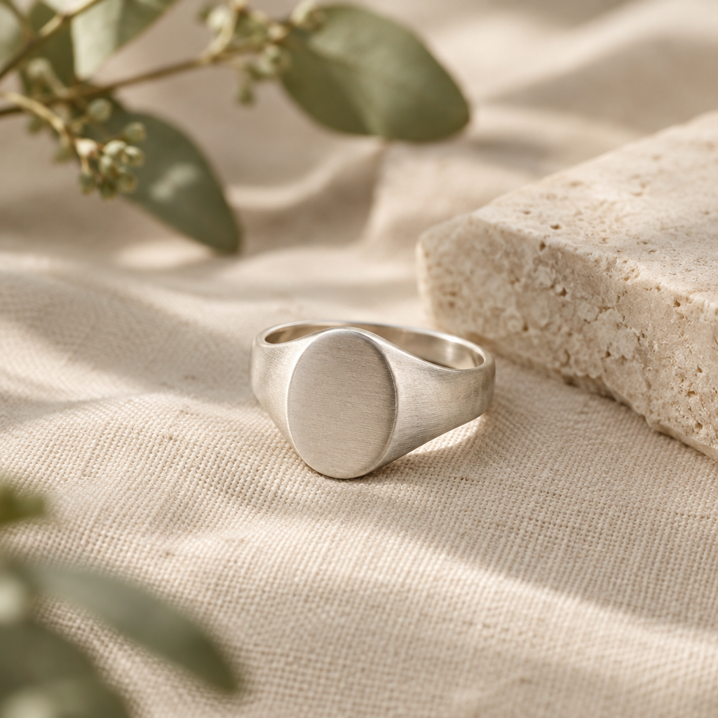 Brushed sterling silver oval signet ring