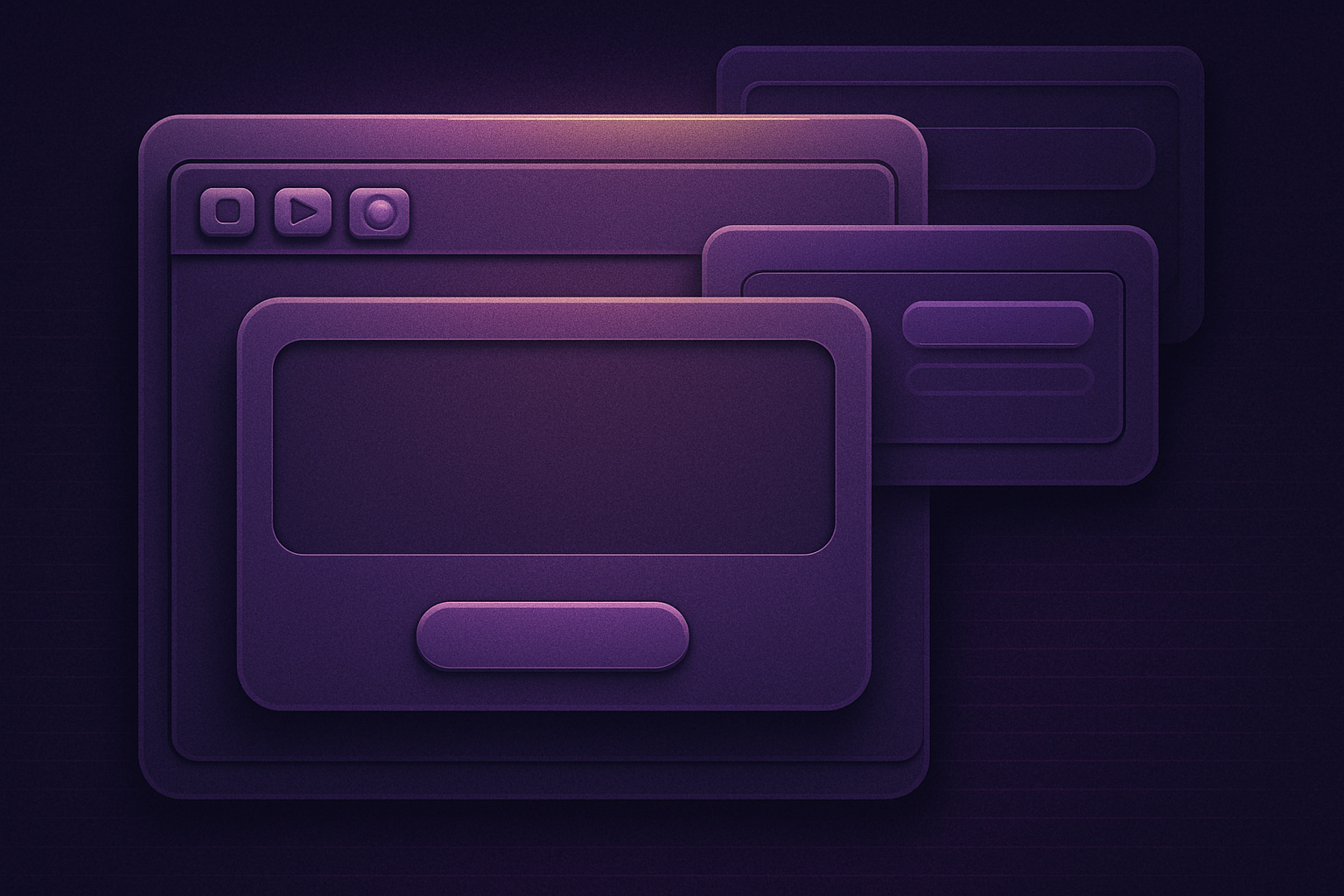 Retro desktop interface illustration with glowing lilac UI cards, cassette-era buttons, and a soft grain texture