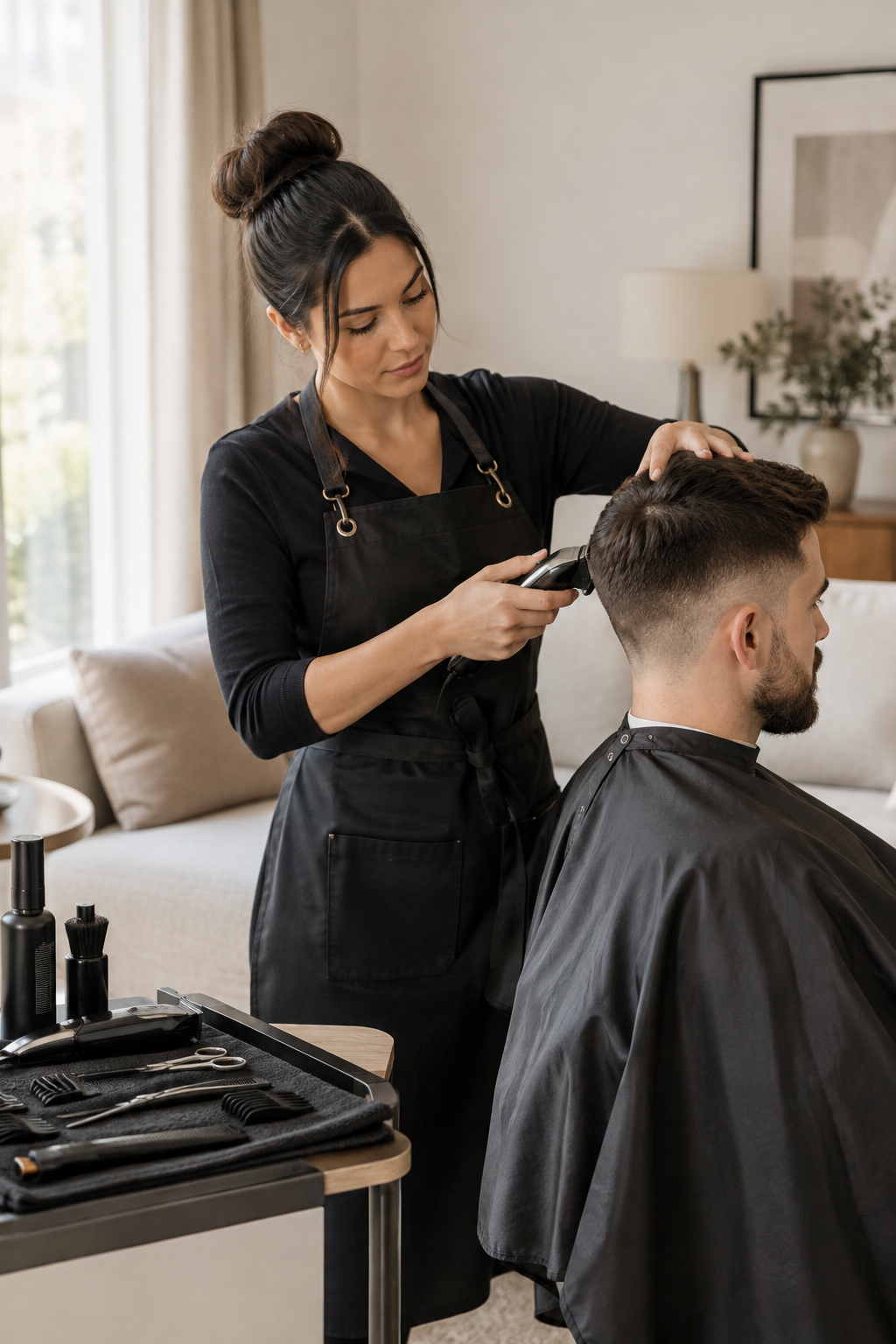 Professional barber preparing a precise haircut in a bright home setting with clean tools and a calm atmosphere
