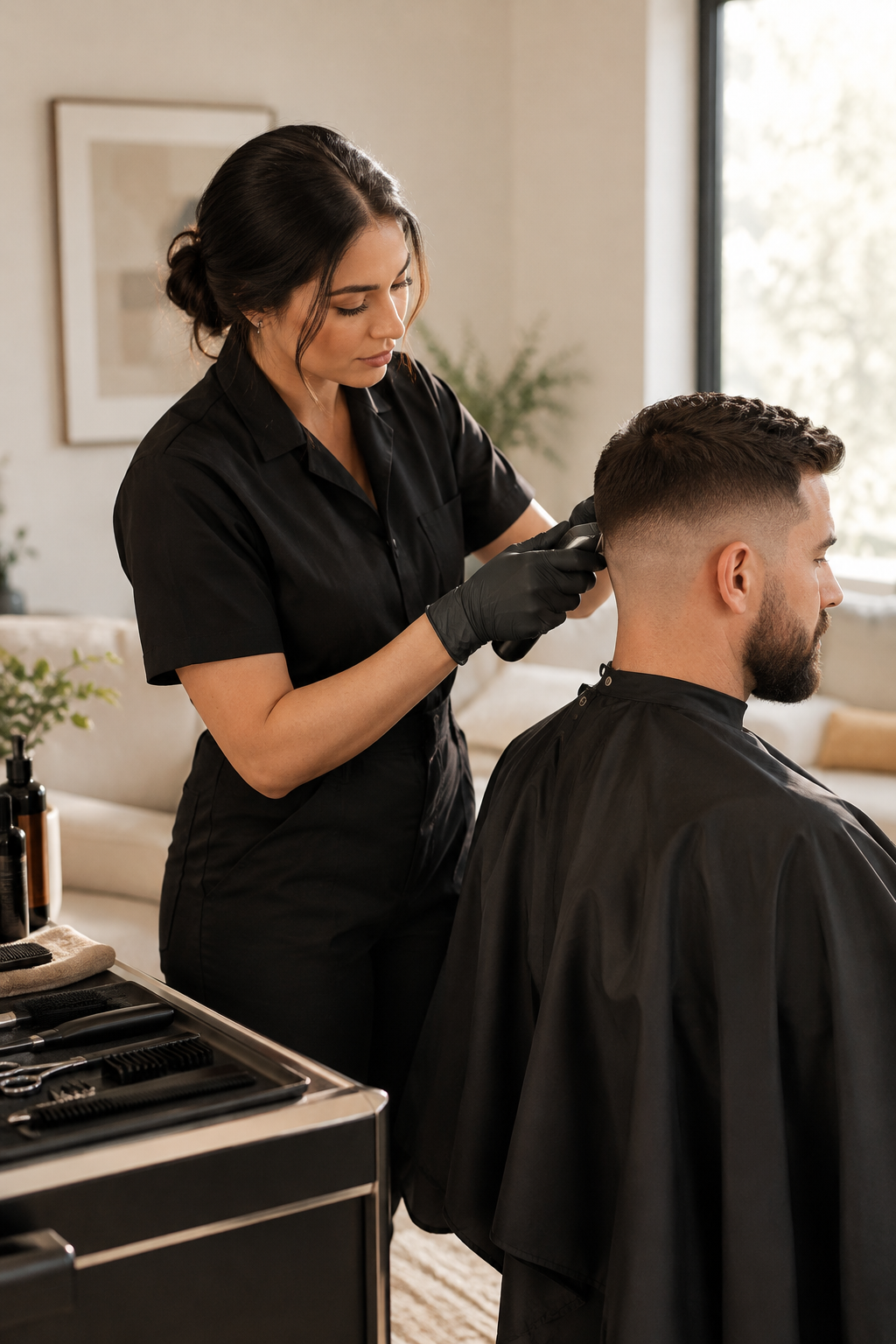 Professional barber refining a clean fade haircut for a client in a bright, tidy at-home setting