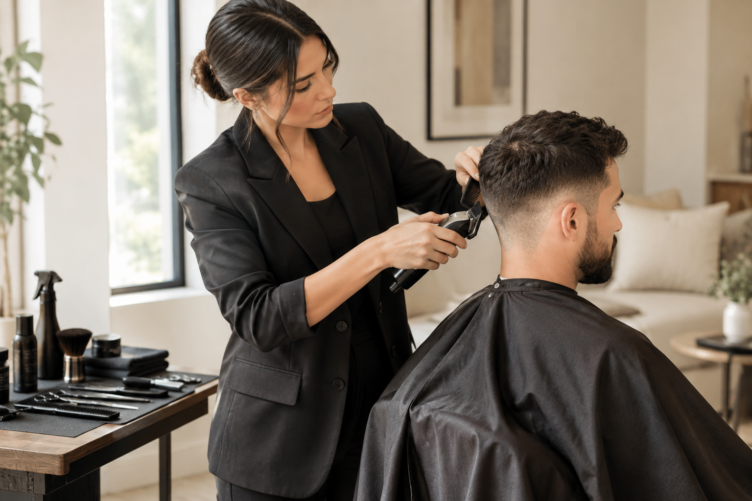 Professional mobile barber refining a client haircut in a bright, modern home setting with clean tools and a calm premium atmosphere