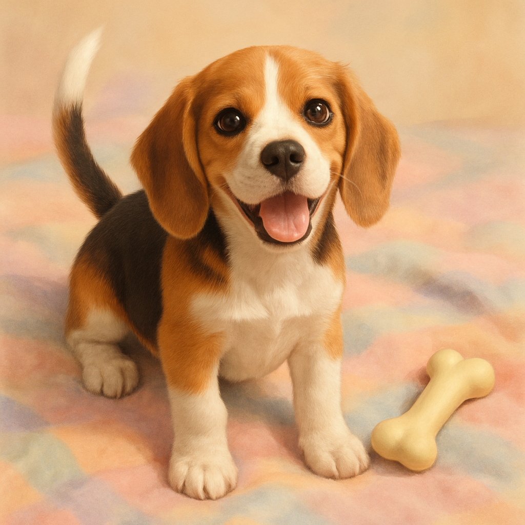 Cute beagle wagging tail, sitting on a pastel blanket with a toy bone nearby