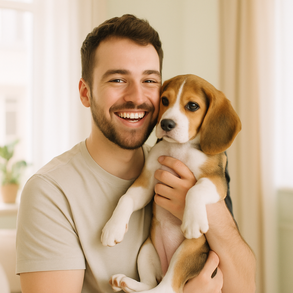Photo of man with a beagle puppy