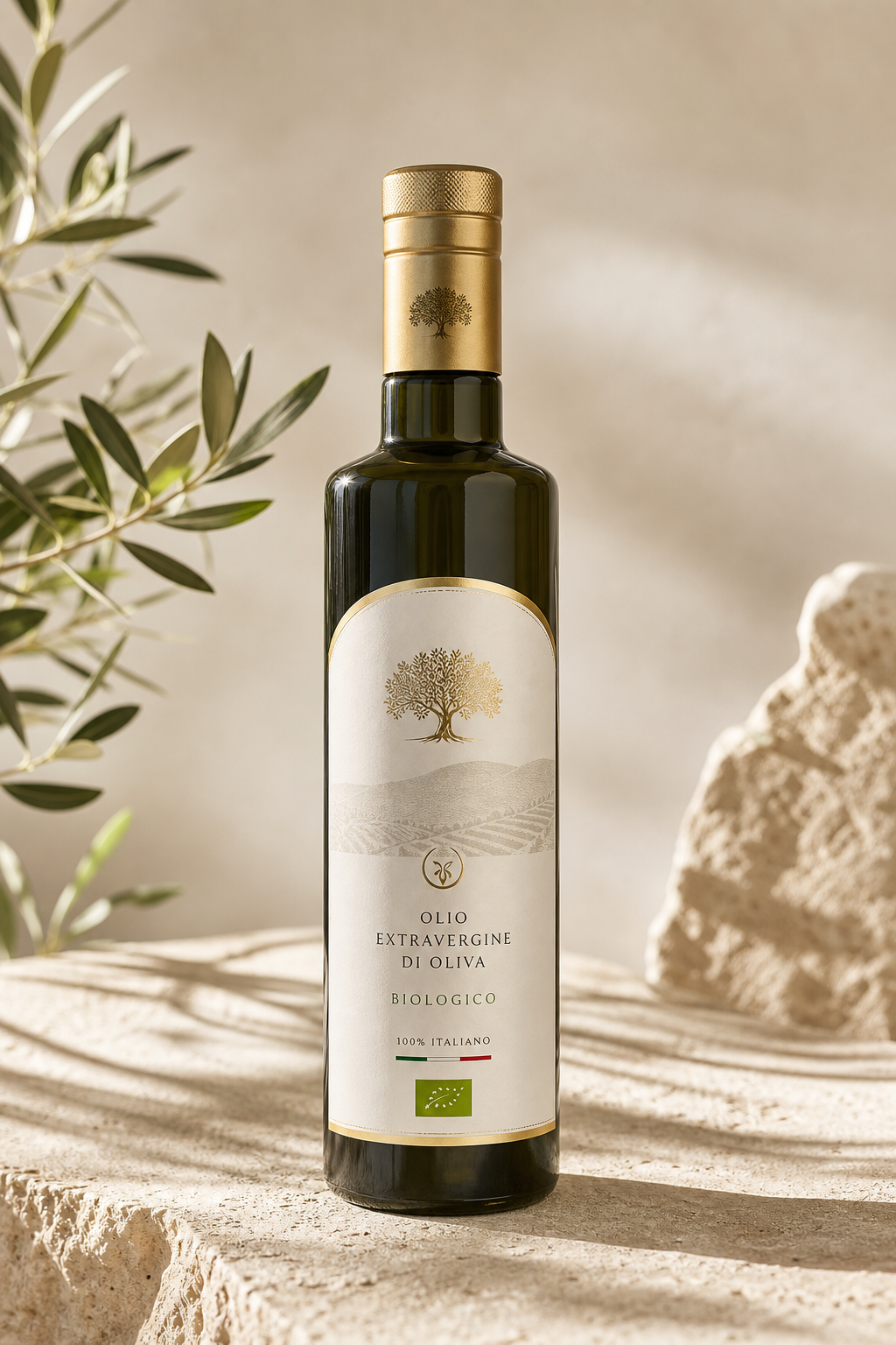 Bottiglia elegante di olio extravergine di oliva biologico con etichetta raffinata, vetro verde scuro e capsule dorate