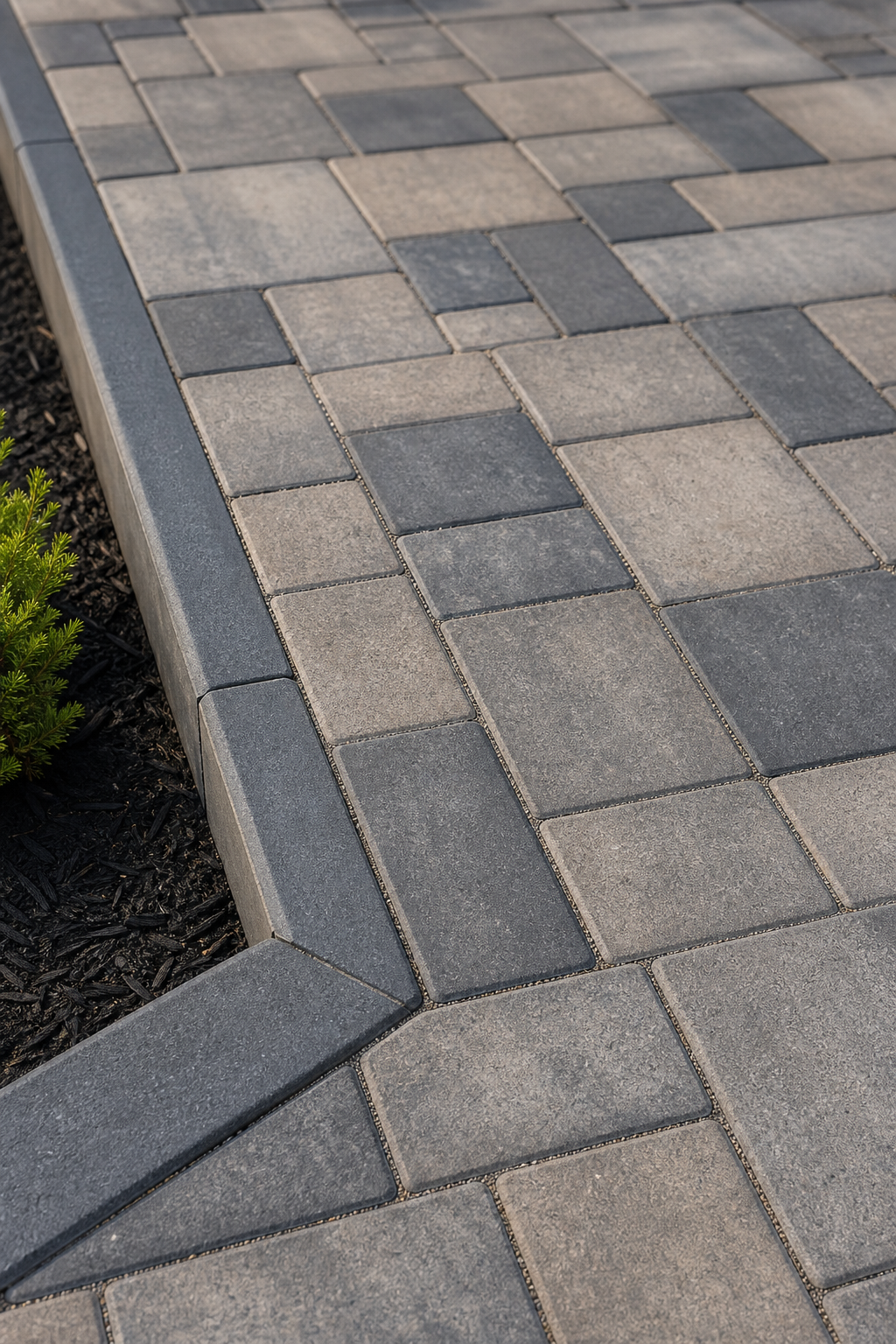 Close-up detail of interlocking brick pattern with clean edging and finished stone joints