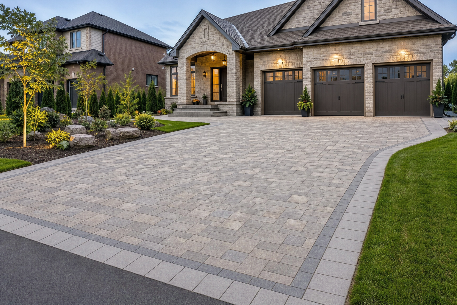 Finished interlock driveway and front entrance with clean paver lines, neutral stone tones, and tidy landscaped edges at a detached home