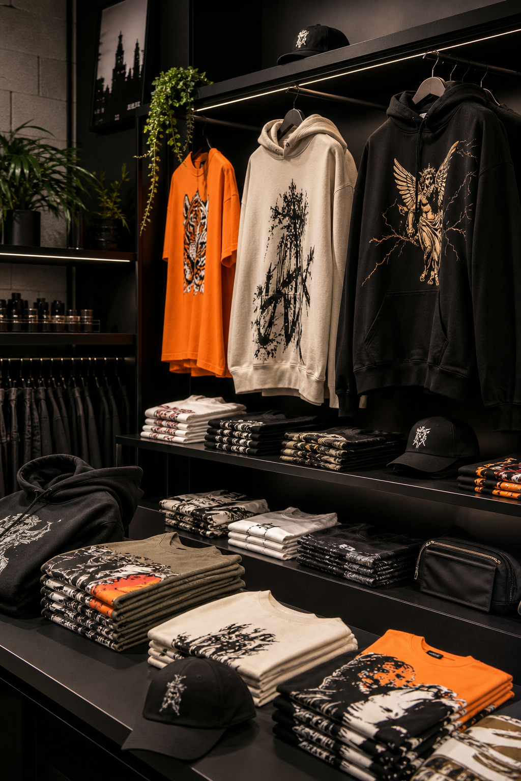 Curated streetwear apparel display with folded tees, hoodies, and accessories in a modern boutique setting