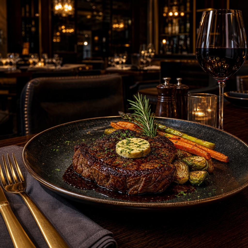 An elegant plated steak dinner with rich sear marks, gold-toned cutlery, and a refined steakhouse ambiance