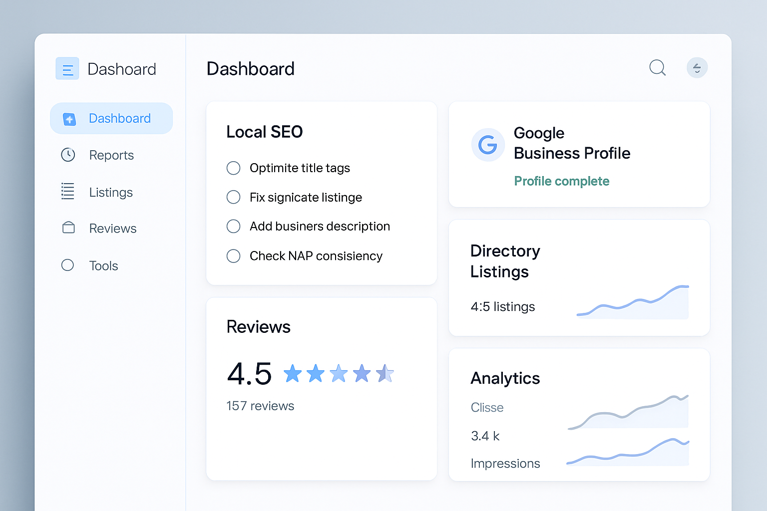 rankingCoach dashboard preview showing local SEO tasks, analytics, and reputation insights
