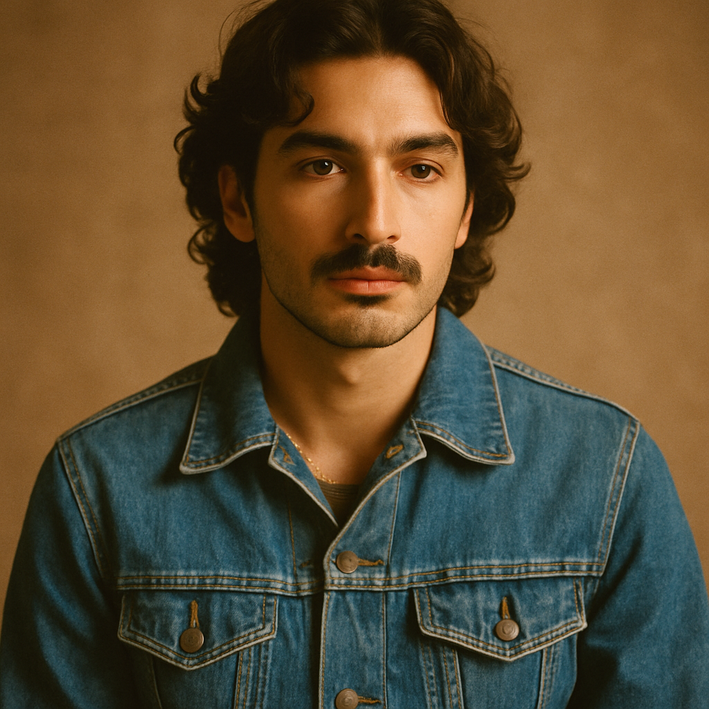 Portrait of a man with olive skin wearing a denim jacket and wavy dark hair