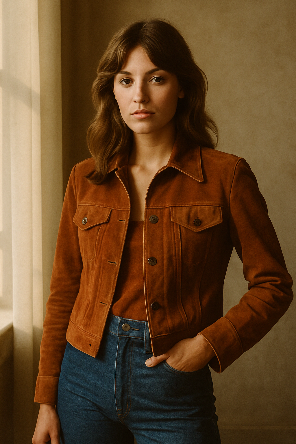 Editorial portrait of a model wearing a rust suede jacket and high-waisted denim, warm film lighting with visible grain