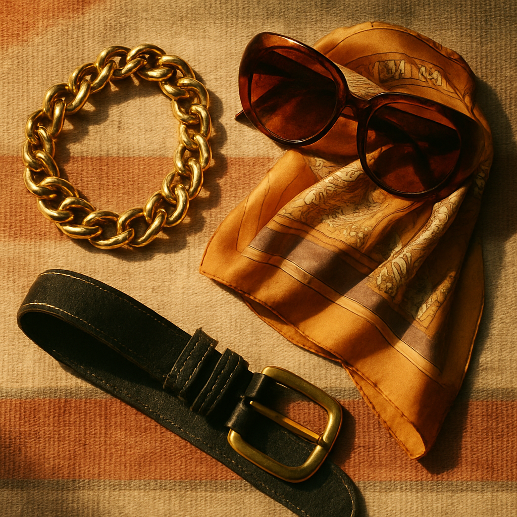 Styled flat-lay of 80s accessories including chunky gold jewelry, a leather belt, and retro sunglasses on a sun-faded textile