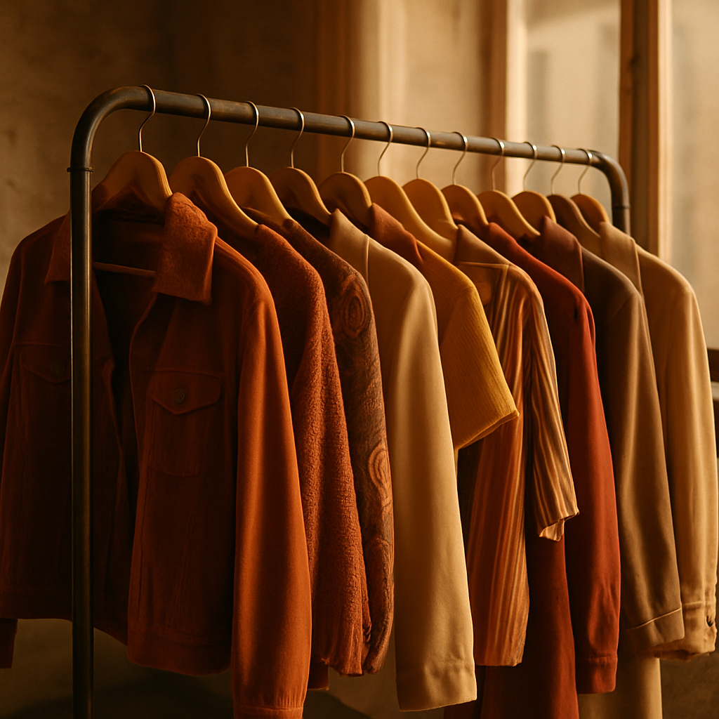 Editorial photo of a vintage clothing rack with warm, sun-faded tones