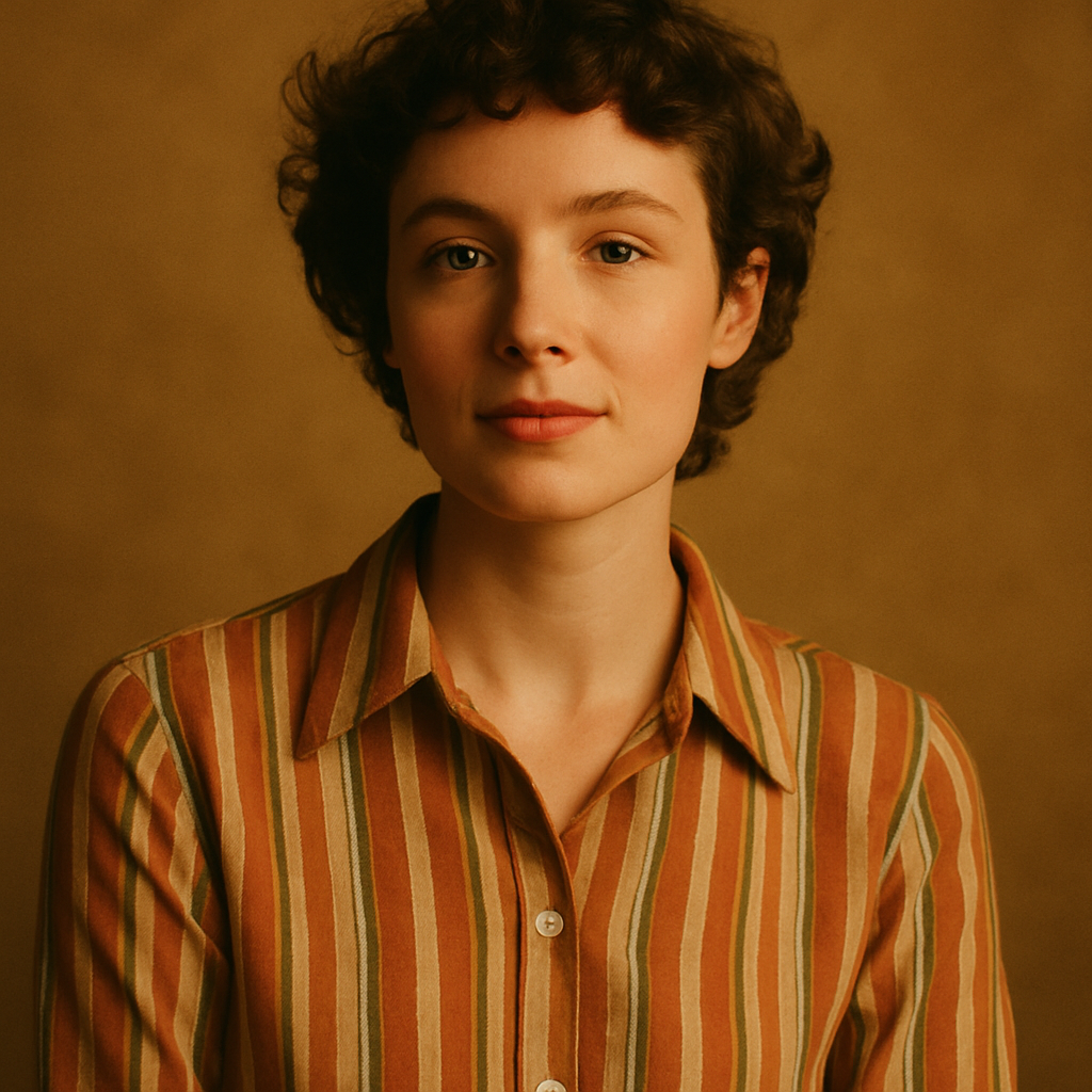 Portrait of a woman with fair skin, short curly hair, and a striped blouse