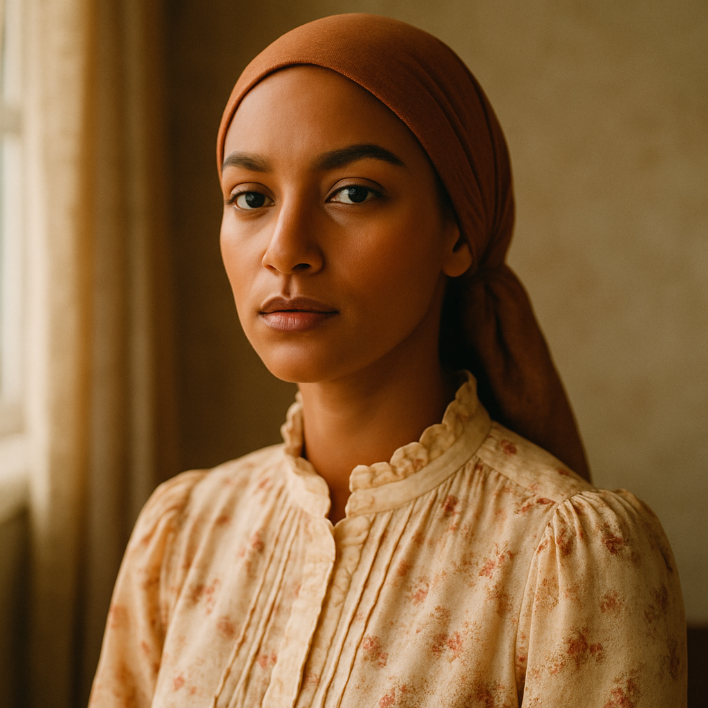 Portrait of a woman with warm brown skin and a caramel headscarf