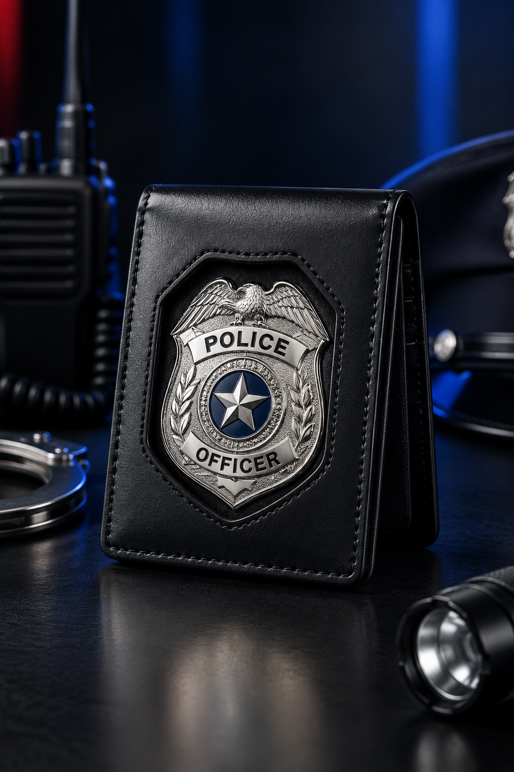 Premium black leather law-enforcement badge holder photographed in a polished studio setting with clean reflections