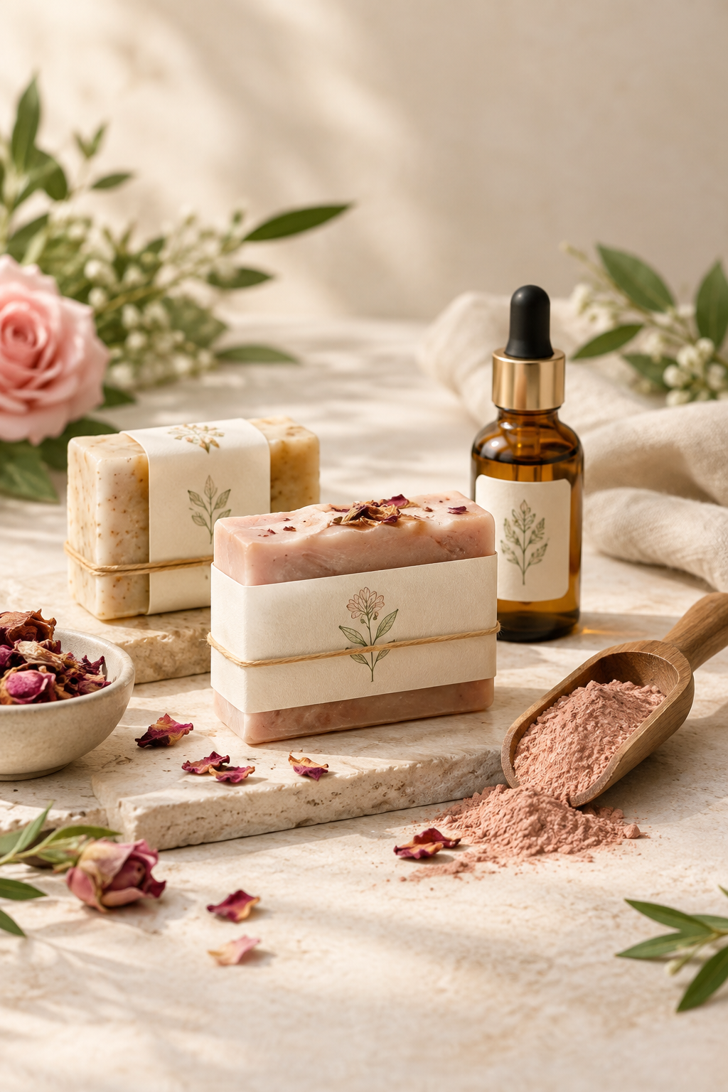 Elegant natural beauty product arrangement with soap boxes, botanical oils, and soft linen styling