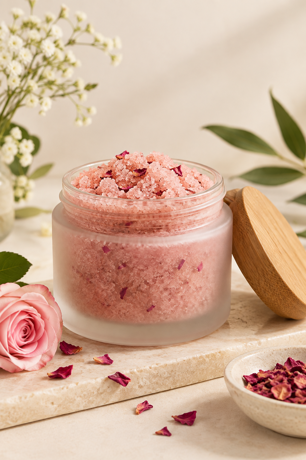 Rose-toned body scrub in a glass jar with fine sugar texture