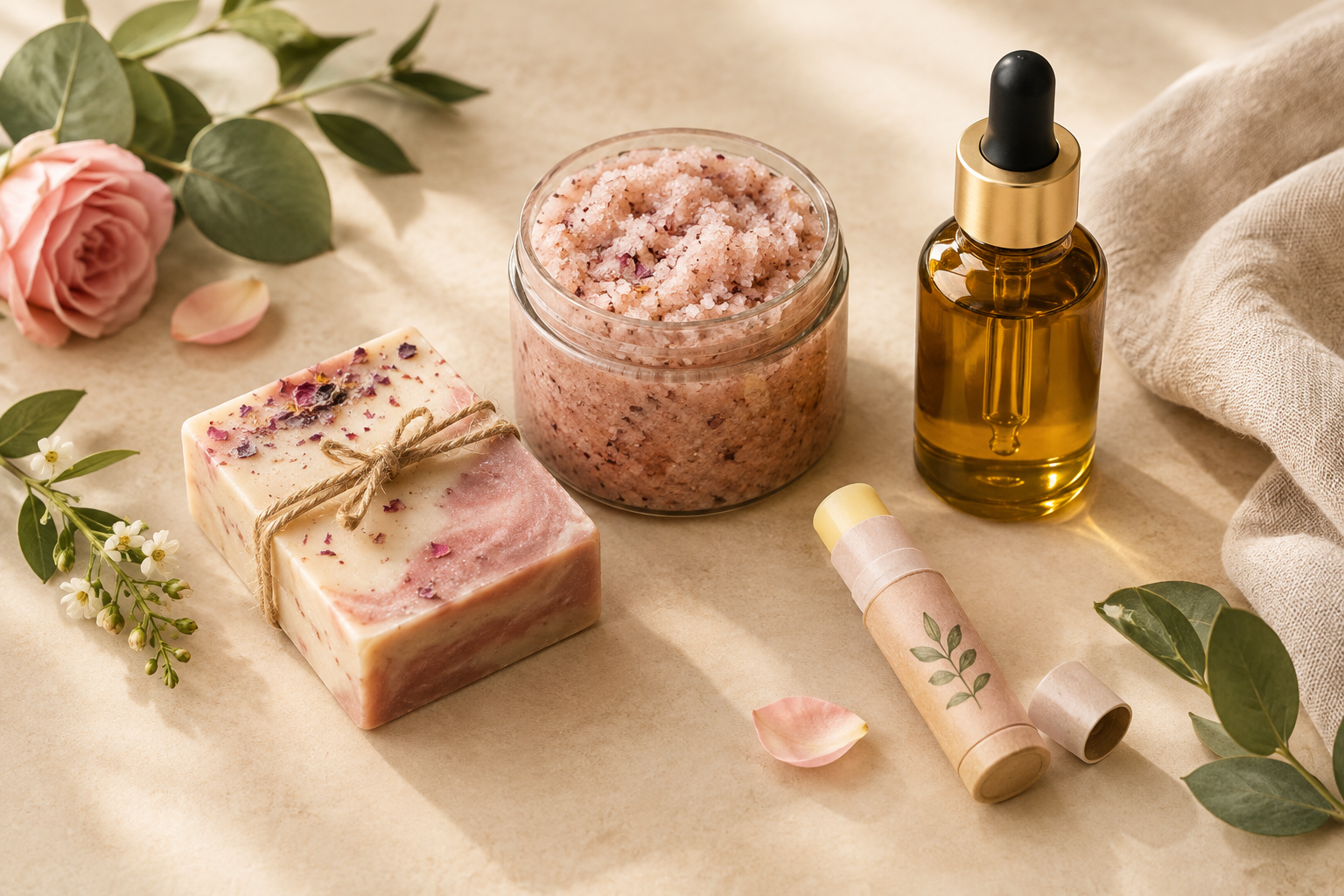 Editorial flat lay of a premium natural skincare gift bundle with soap bar, scrub jar, body oil bottle, and lip balm on soft botanical styling