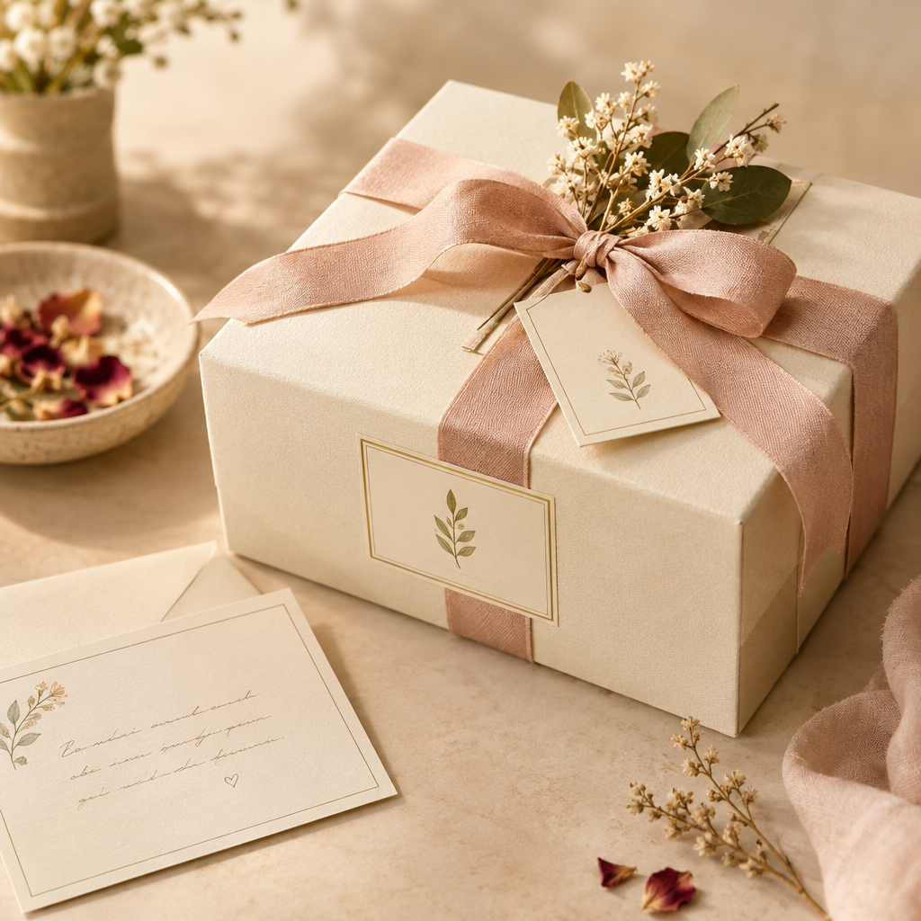 Close-up of elegant natural skincare gift wrapping with handwritten note card, ribbon, and botanical details