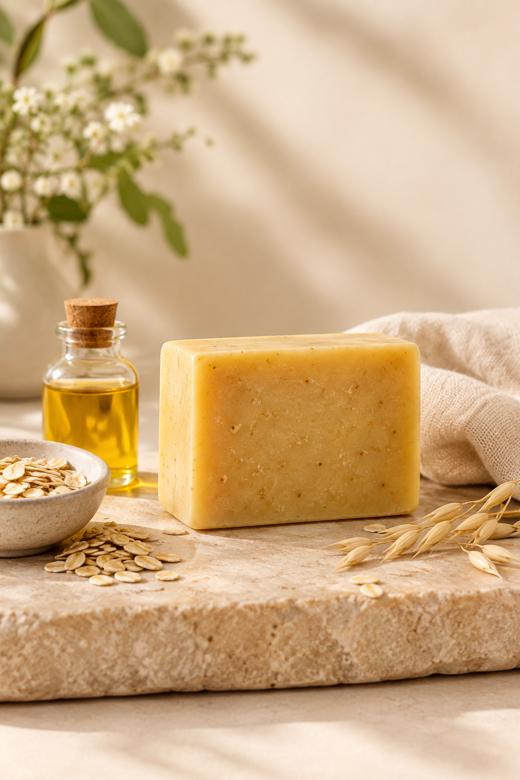 Handmade yellow-toned Good Morning soap bar styled with soft natural skincare elements on a warm neutral surface