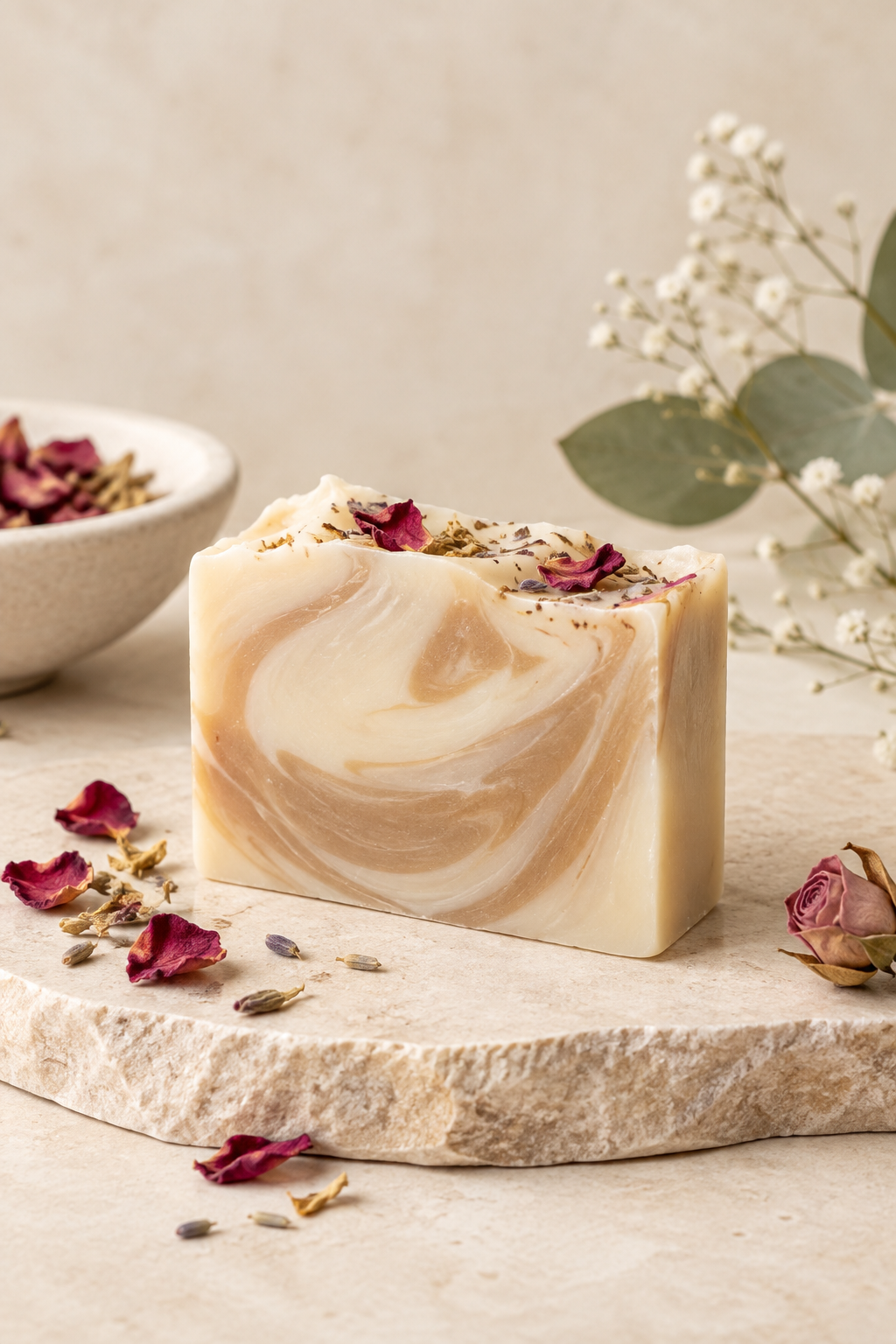Handmade soap bar with creamy natural swirl and soft botanical styling