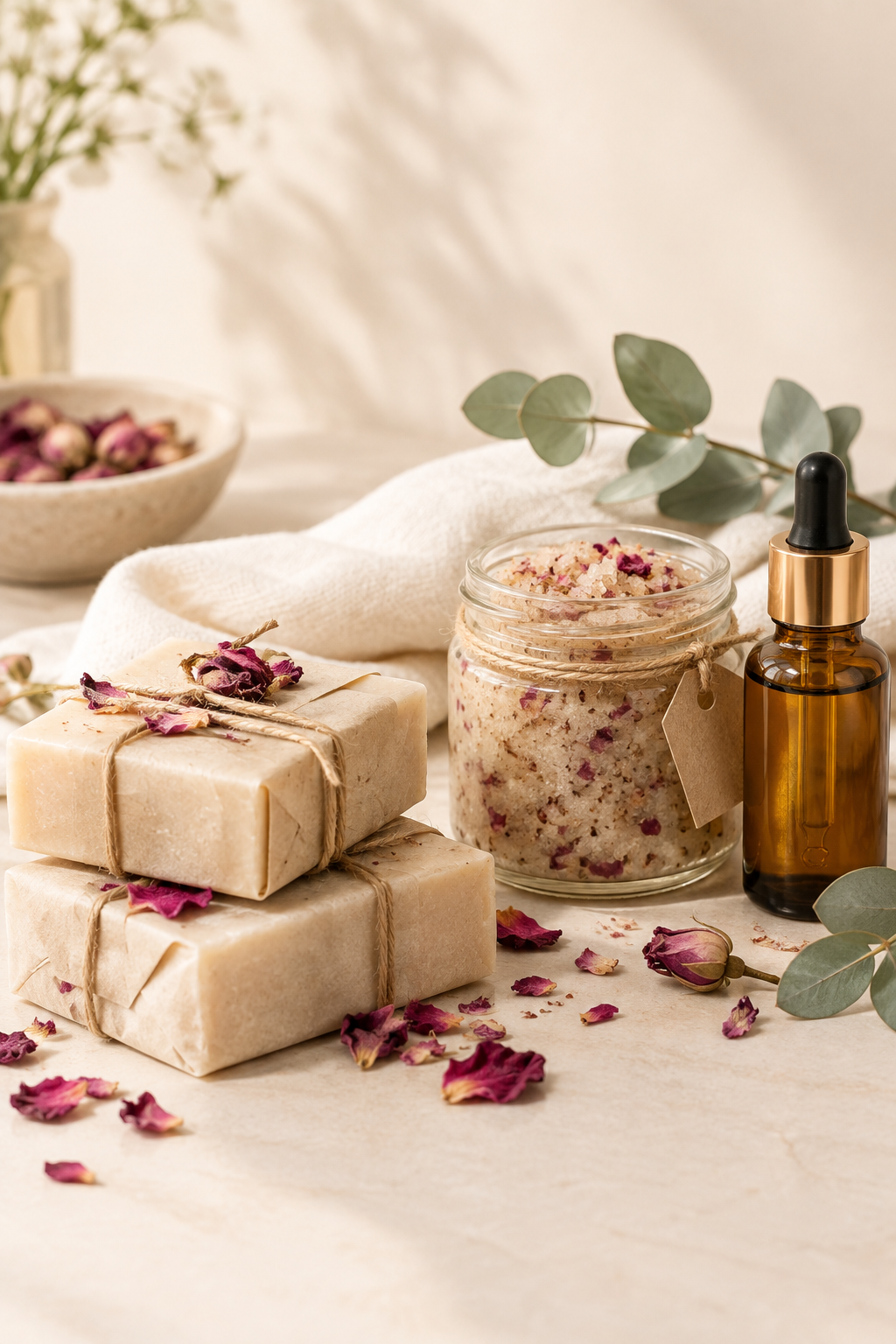Elegant right-side hero composition of wrapped natural soap, body scrub in a glass jar, nourishing oil bottle, soft linen textures, and subtle botanical accents in warm creamy tones