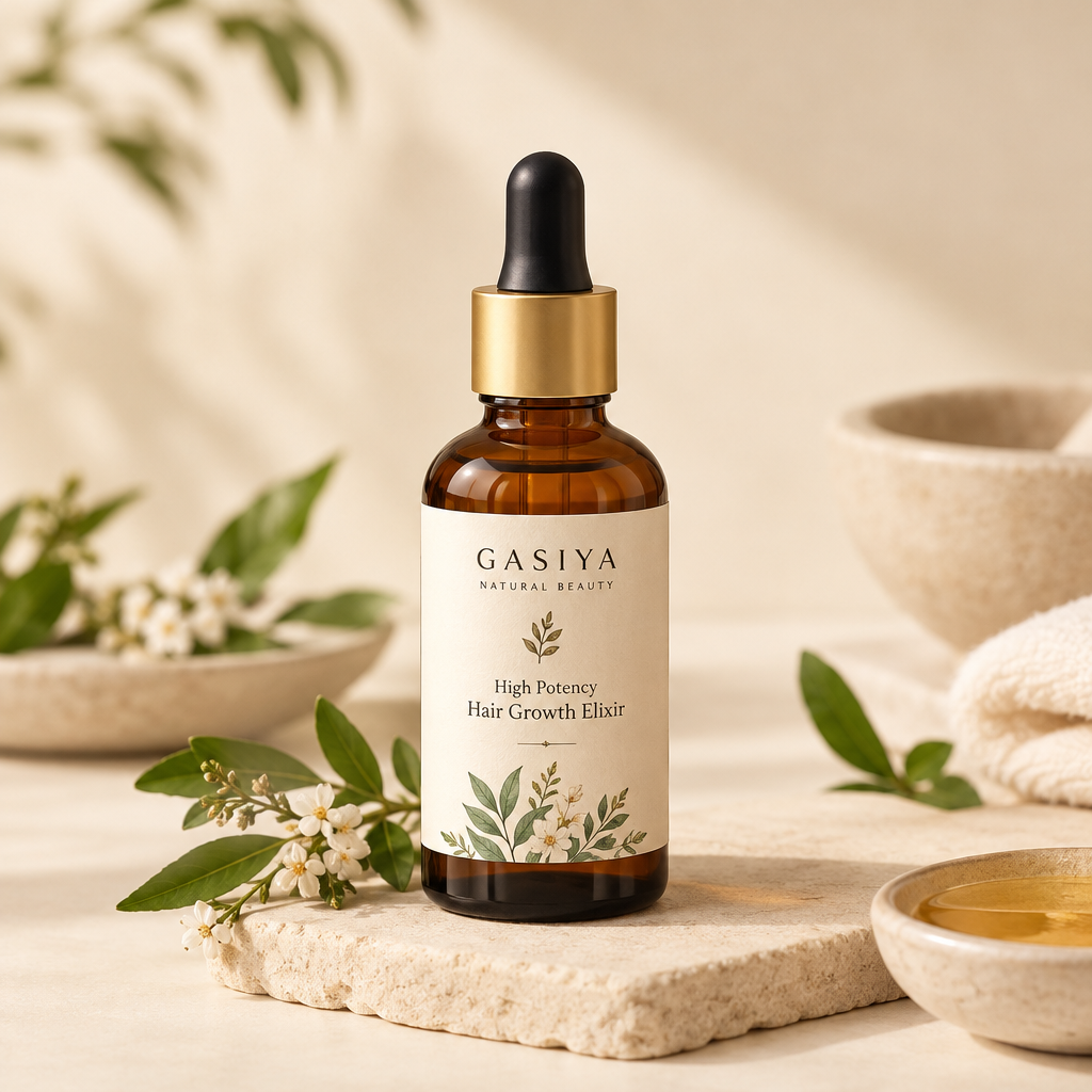 GASIYA NATURAL BEAUTY High Potency Hair Growth Elixir bottle label in a clean natural-beauty product presentation