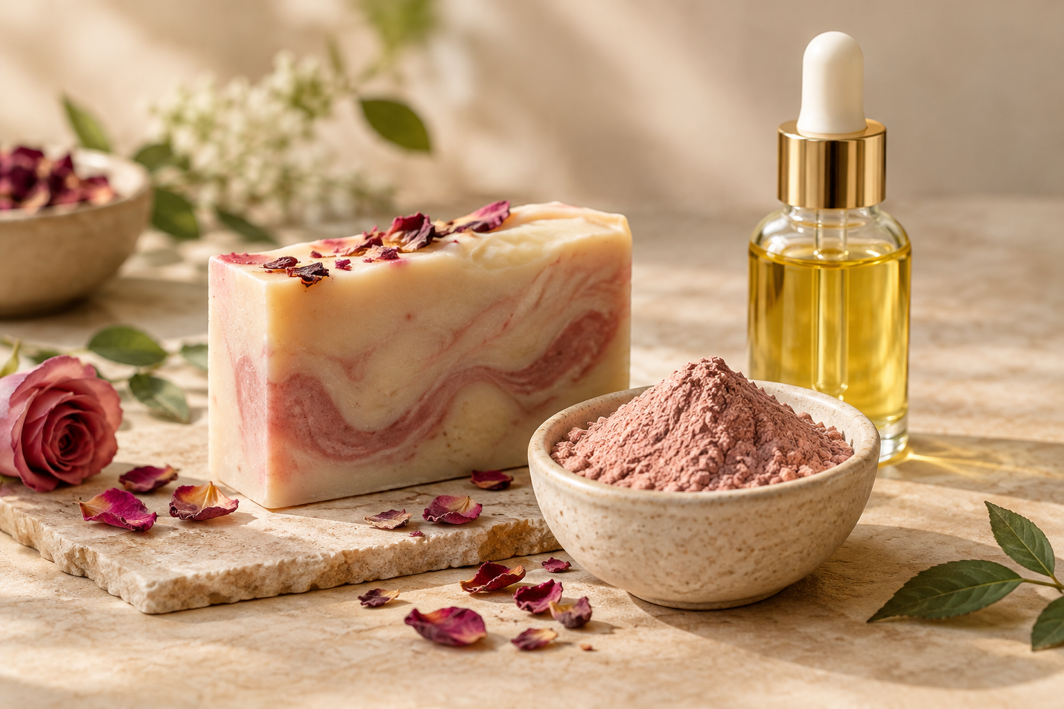 Close-up of elegant handmade soap with rose clay powder, dried petals, and botanical oils arranged on a warm neutral skincare surface