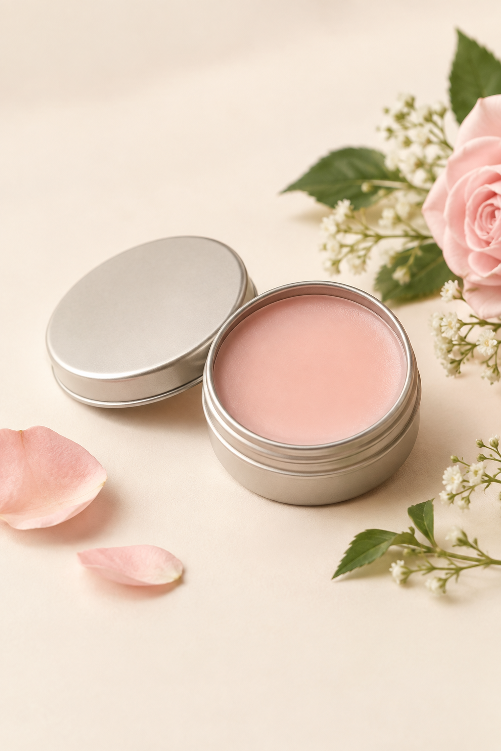 Natural lipbalm tin with smooth balm surface and soft botanical accents