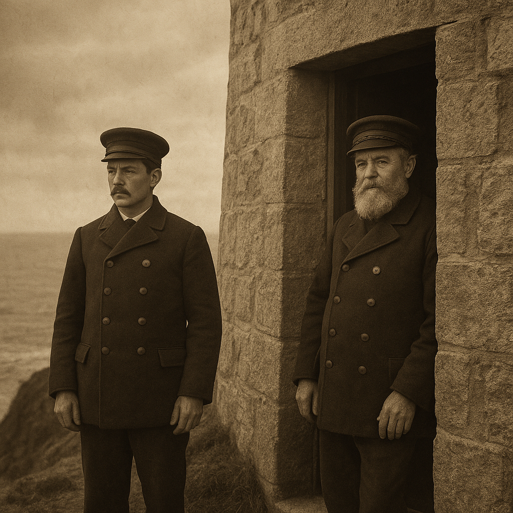 Archival group portrait of two lighthouse keepers standing beside a stone station doorway above sea cliffs
