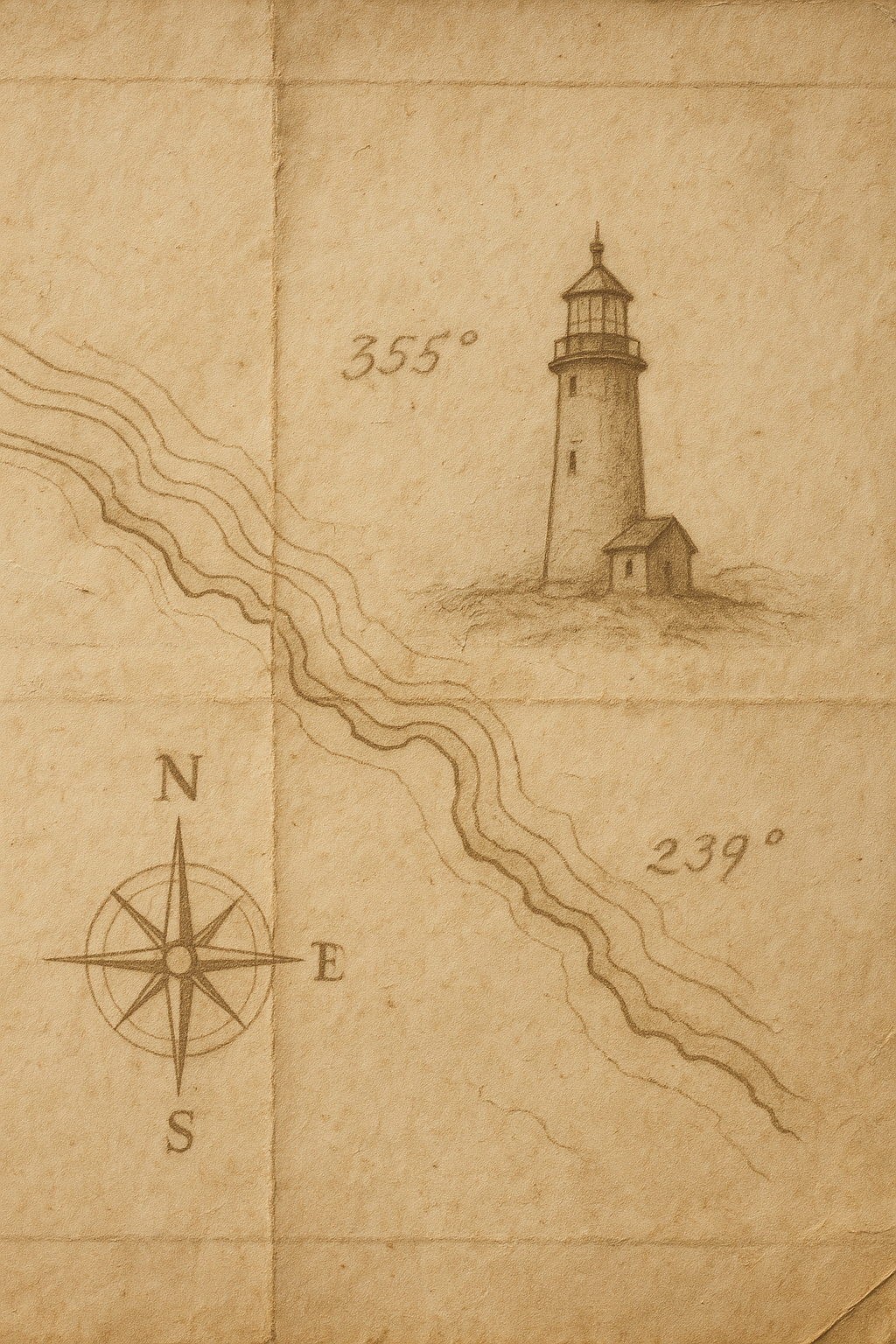 Archival inset of a weathered northern coast lighthouse chart with handwritten bearings and shoreline contour lines