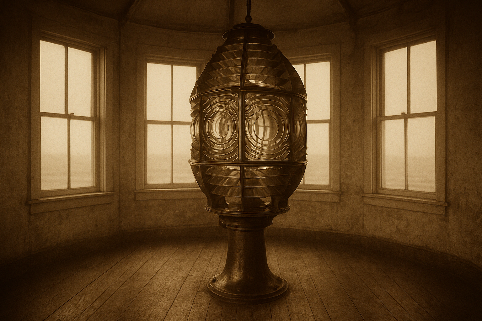 Large archival photograph of a lighthouse lantern room with polished brass optics and coastal light entering from tall windows