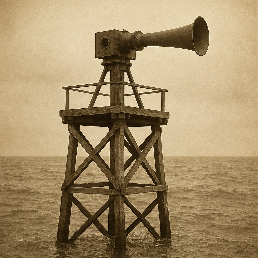 Historic image of a timber fog siren platform with horn machinery and rough tidewater below