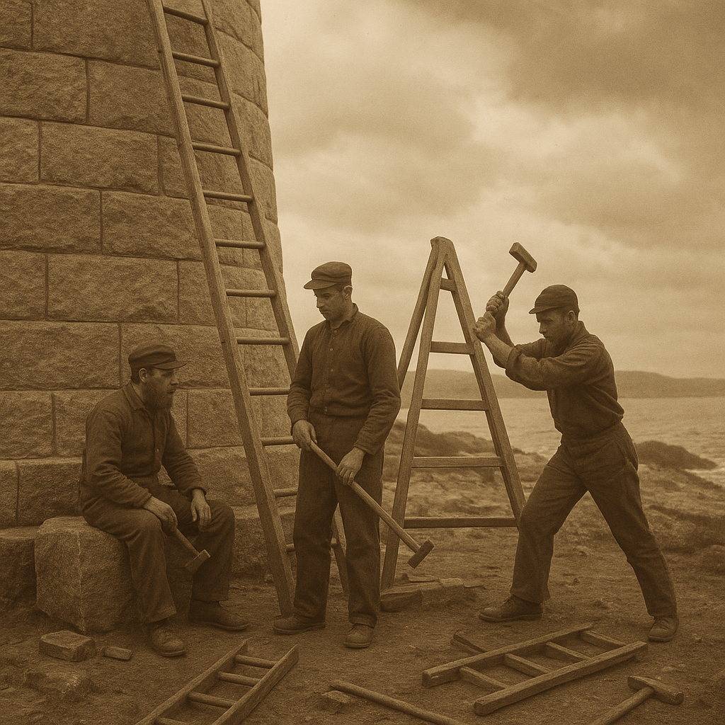 Period photograph of a harbor repair crew with timber ladders and tools gathered near lighthouse base masonry