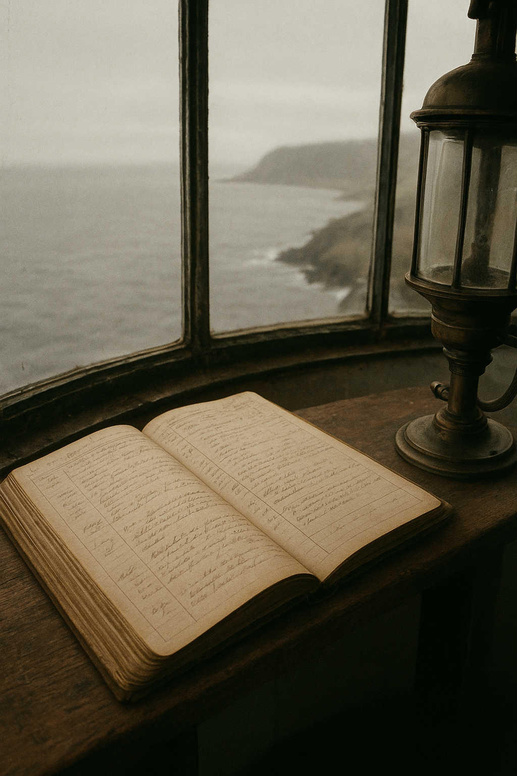 Weathered lighthouse logbook beside a brass lantern window overlooking a gray northern coast