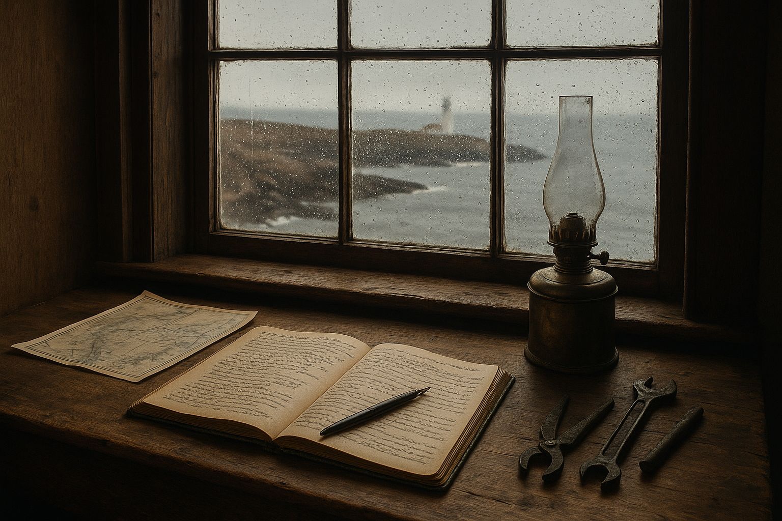 Warm film-style photograph of a lighthouse keeper's workspace with weathered wooden desk, brass oil lamp, handwritten logbook, and a rain-streaked window facing the coast