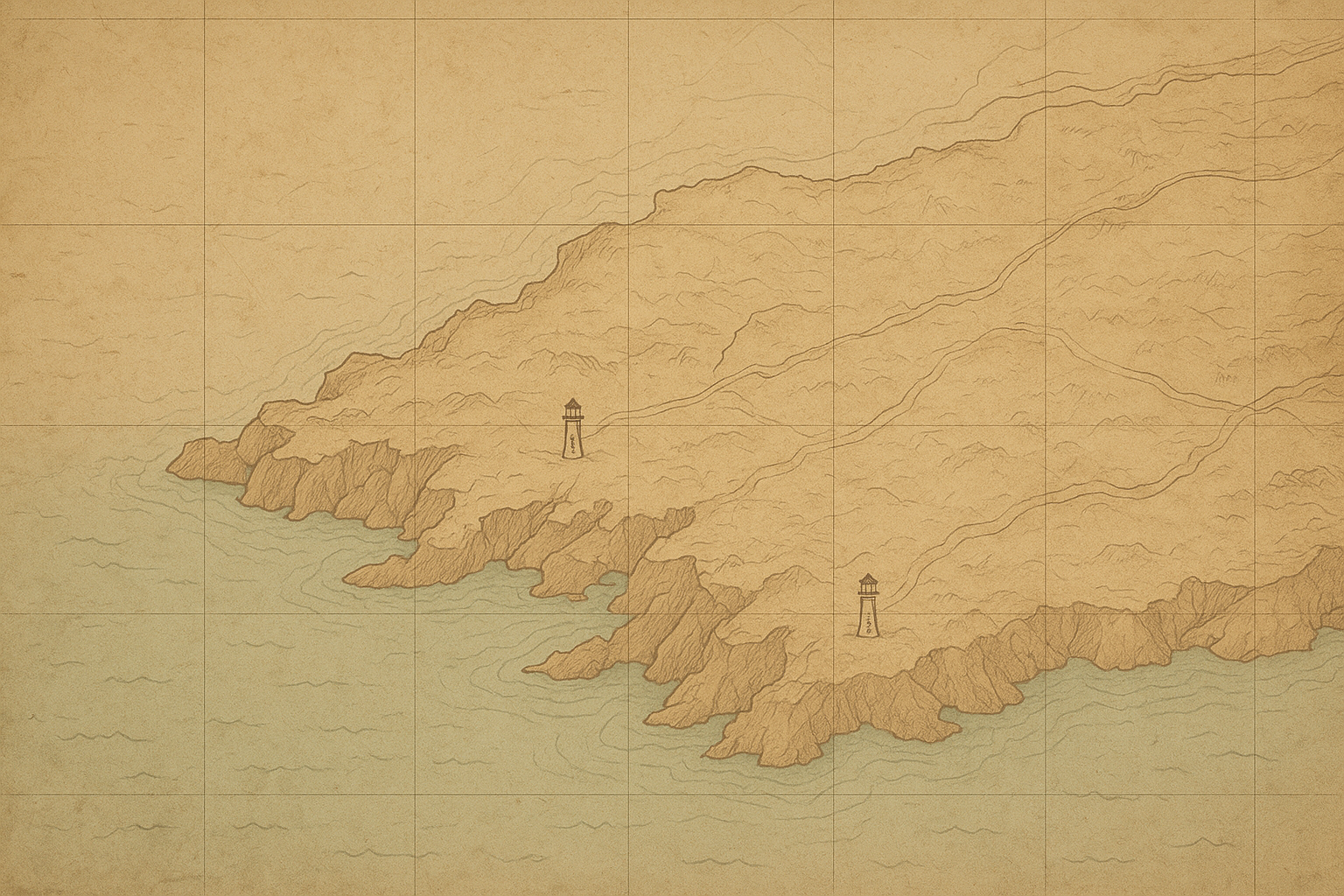 Stylized archival map of the northern coast with abstract shoreline, beacon markers, and route lines